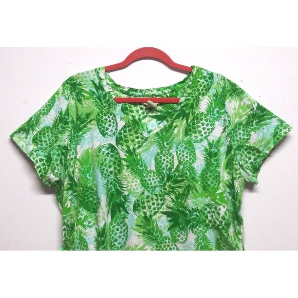 Caribbean Joe Womens Pullover Top Plus 2X Pineapple print green STRETCH cap sle - Picture 3 of 6